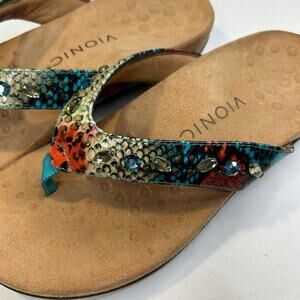 Vionic lucia multi colored jeweled teal red thongs like new condition size 6